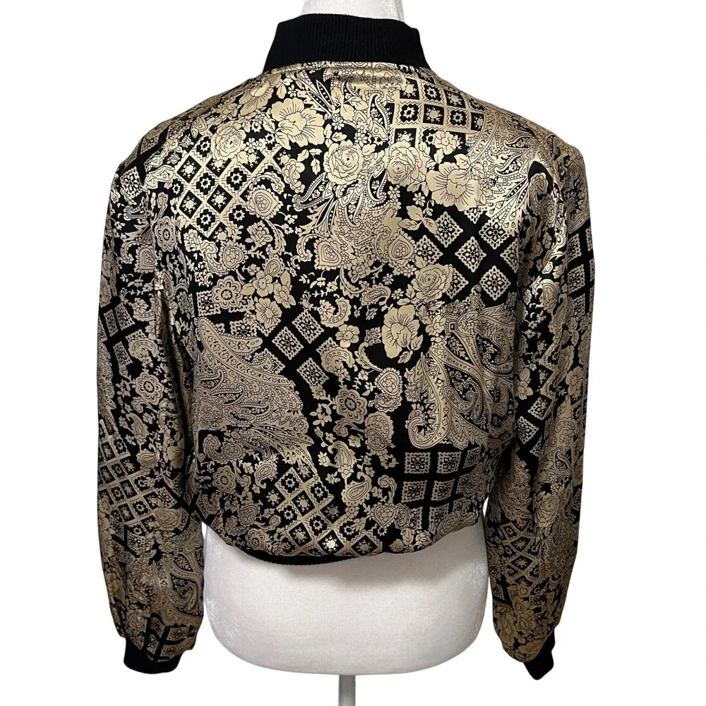 Vintage S.L.B.‎ Petite Black Gold Paisley Silk Bomber Jacket Size Petite Small